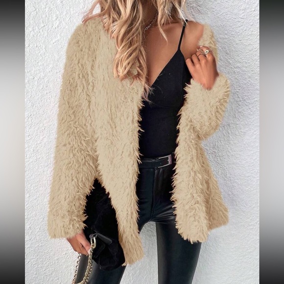 Luxe khaki cozy open front teddy coat jacket - Picture 1 of 6